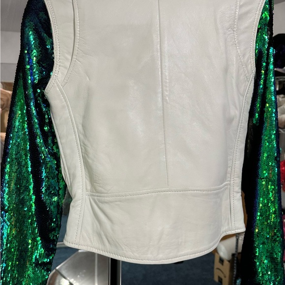Sequin Sleeve White Leather Jacket - Picture 3 of 11